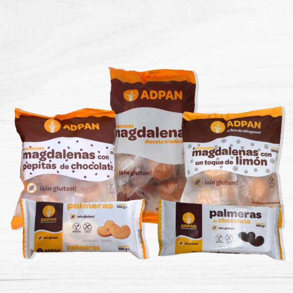 Pack de postres sin gluten que incluye magdalenas tradicionales, magdalenas con pepitas de chocolate, magdalenas sabor limón, palmeritas de hojaldre y palmeritas con chocolate.
