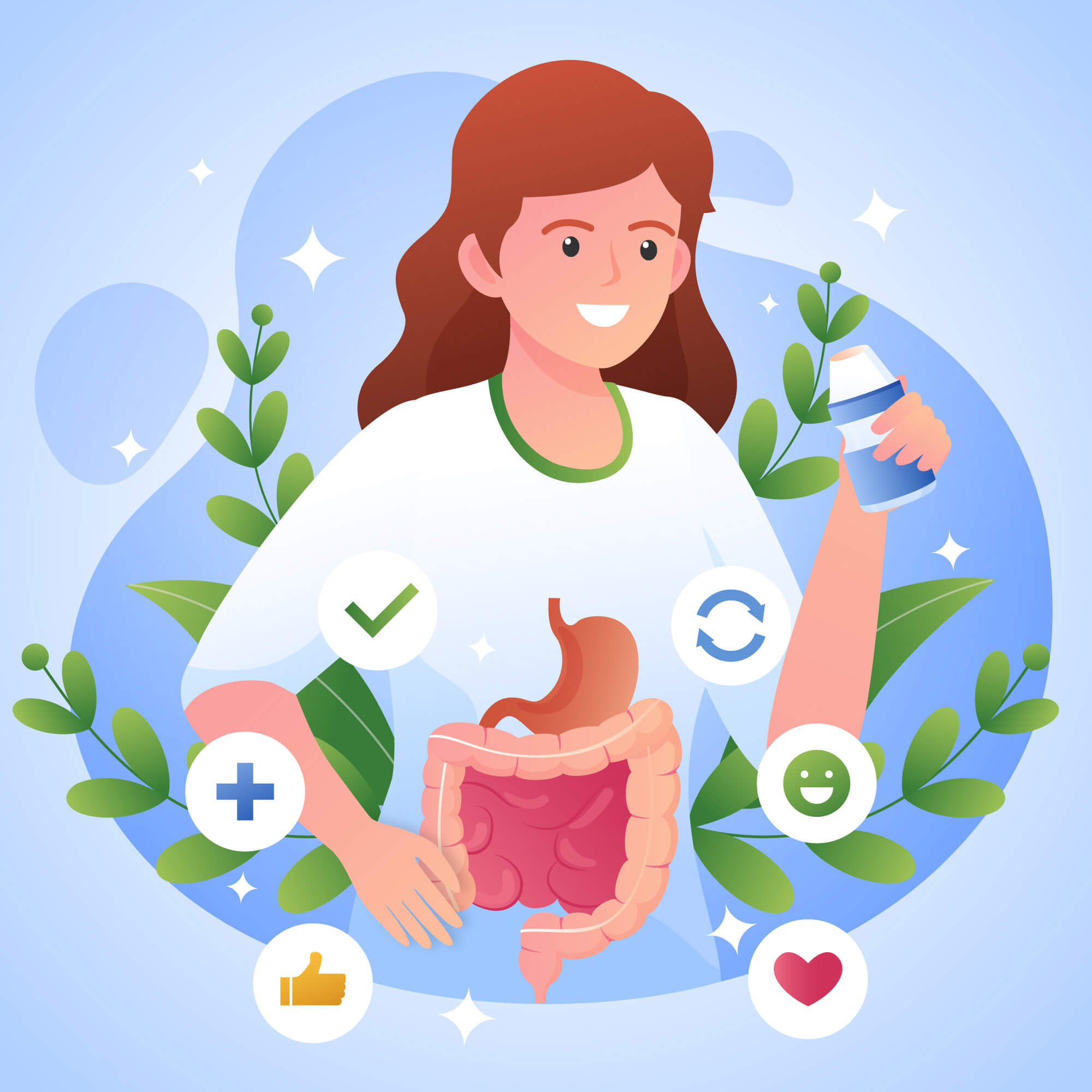 Ilustración de una mujer feliz sosteniendo un yogur, con su sistema digestivo visible y rodeada de iconos de salud y bienestar.
