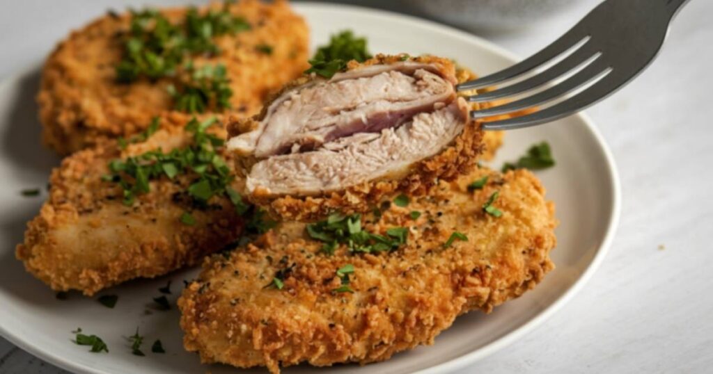 Plato de pollo rebozado crujiente con un tenedor levantando un trozo donde se aprecia el rebozado adherido.