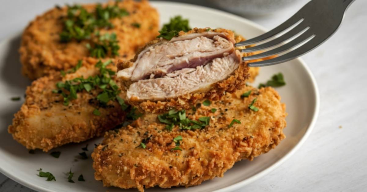 Plato de pollo rebozado crujiente con un tenedor levantando un trozo donde se aprecia el rebozado adherido.